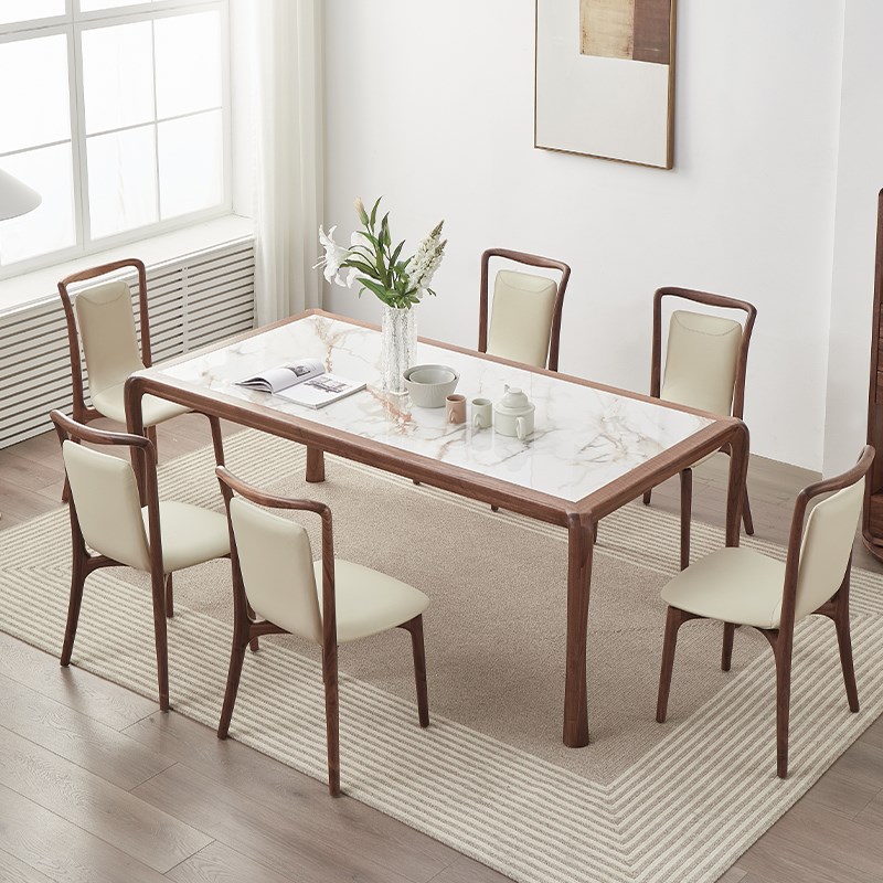 北美黑胡桃木餐桌椅餐台意式极简岩板餐桌长方形实木餐厅桌子原木