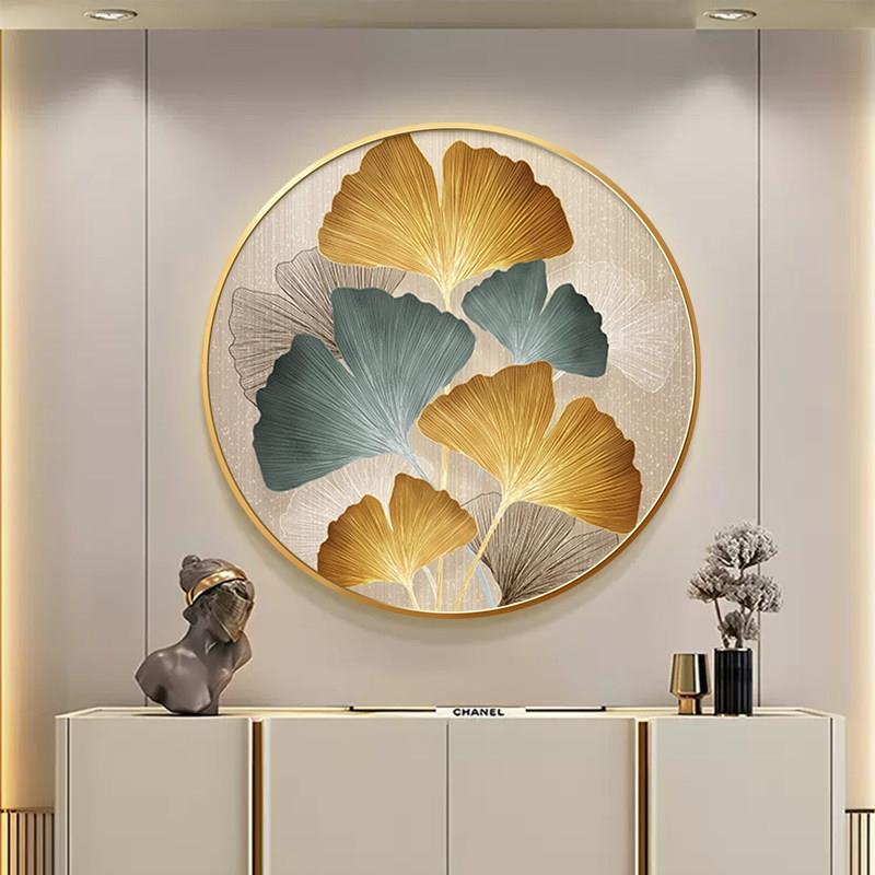 银杏叶餐厅装饰画圆形现代高档玄关壁画轻奢客厅风水挂画寓意好
