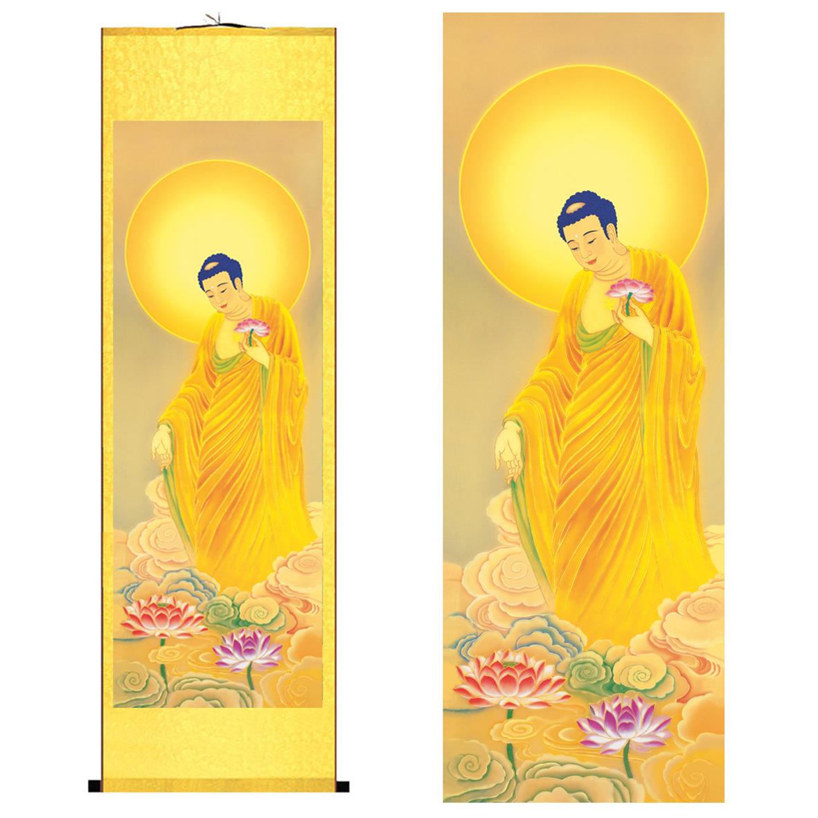 国画人物佛像 西方三圣画像卷轴挂画 阿弥陀佛观音菩萨大势至菩萨