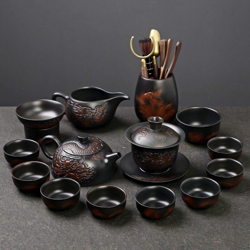 紫砂复古纯手工紫陶茶道茶具套装家用客厅泡茶壶高档茶杯中式