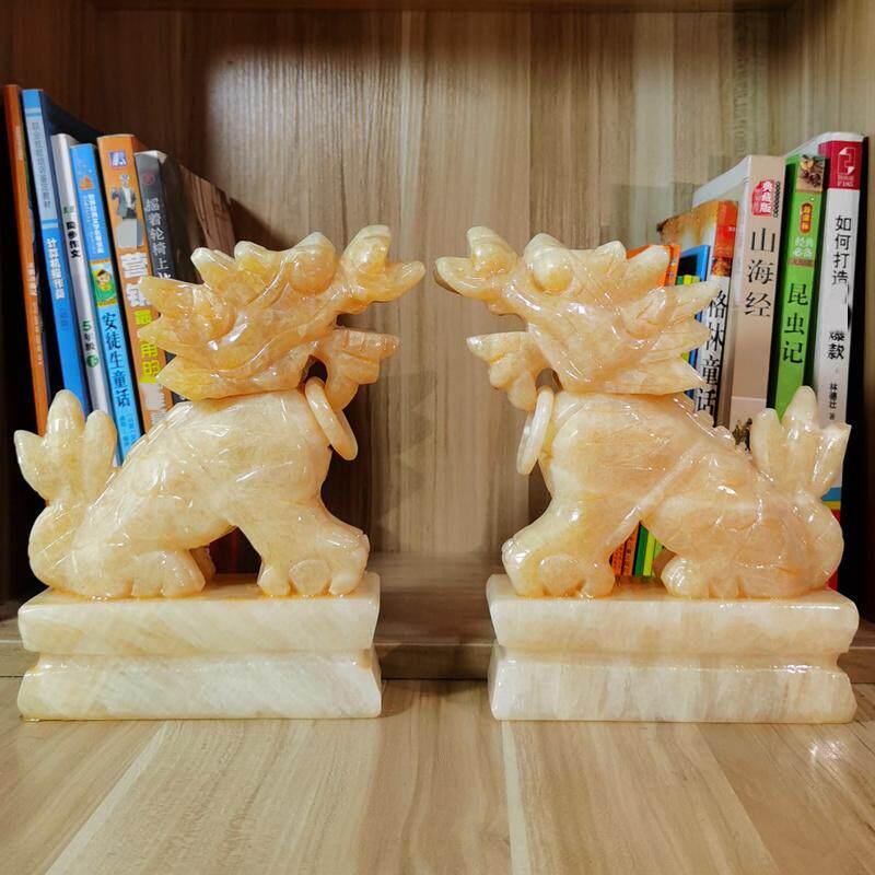 天然黄玉麒麟摆件绿色青玉石招财镇宅一对乔迁家居客厅装饰工艺品