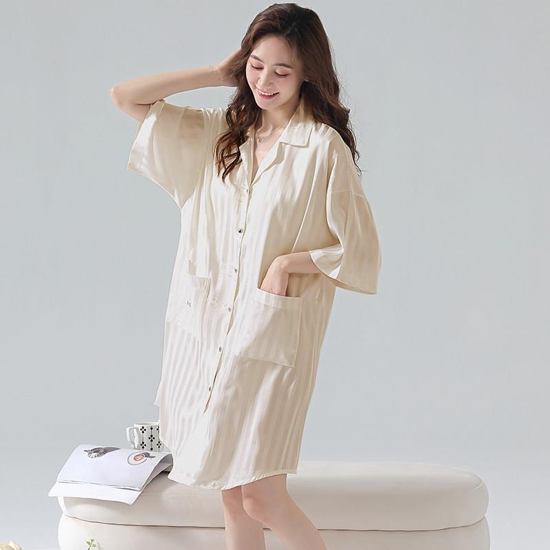 冰丝女睡裙 带胸垫 夏小个子女士夏季丝绸衬衫家居服防凸点睡衣