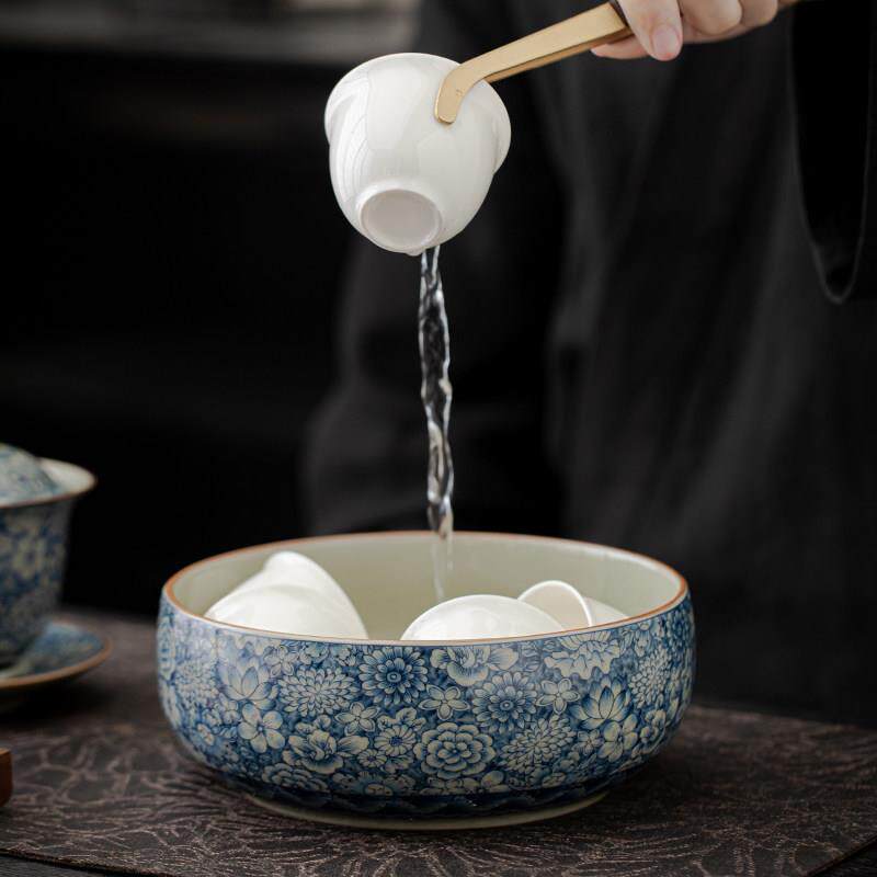 青花陶瓷茶洗家用水盂笔洗茶杯洗茶道配件复古洗茶器建水功夫茶具