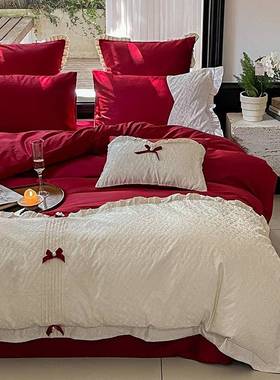 红色984婚房1床大00支绒棉结长婚四件套红色床单纯棉婚庆喜被上用