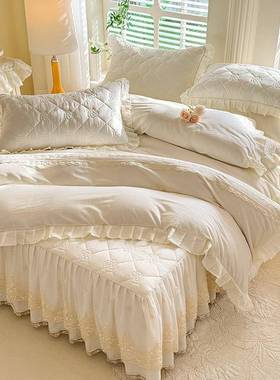 202全棉荷床裙款四件套山茶花纯色法ELC式5叶边轻奢被床单套夹棉