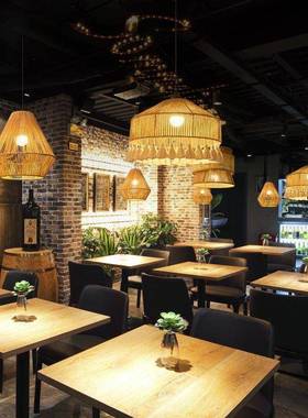 复古铺藤编吊意灯餐笼厅38003草帽麻绳创吊灯竹艺店商用装饰灯竹