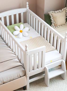 A10L欧式白色榉木儿童实木拼接床加宽床婴幼儿宝宝小床公主床大人