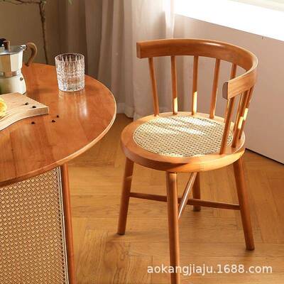 日式木XOF实温莎椅古复藤编椅家用美式餐椅阳台休闲背原木靠餐桌