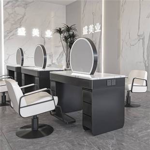 网红美发店烫染镜台发廊专用不锈钢带柜美发镜理发店带灯双面镜子