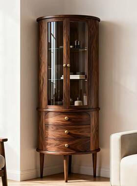 新中式靠KJ-823北美黑桃木玻璃酒胡柜现代简约轻奢展示柜客厅边墙