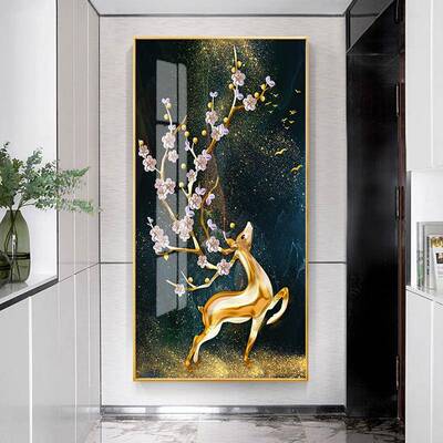 现代装约入户玄关饰画竖版客厅麋鹿挂画新PMS式走廊过道简壁中画