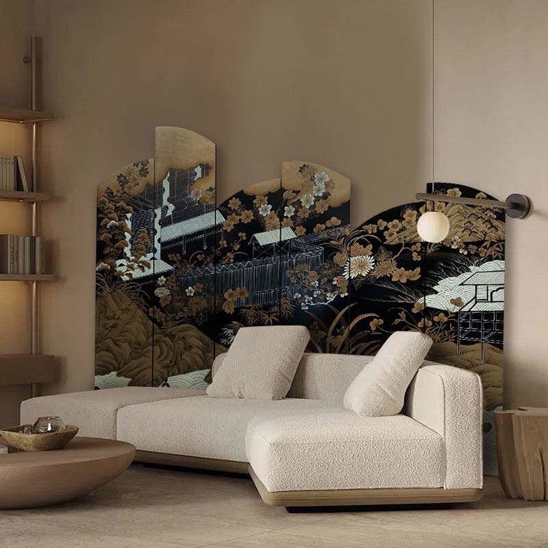 侘界中古屏风手绘金箔松鹤漆画客厅卧室隔断遮挡茶室玄关背景折屏