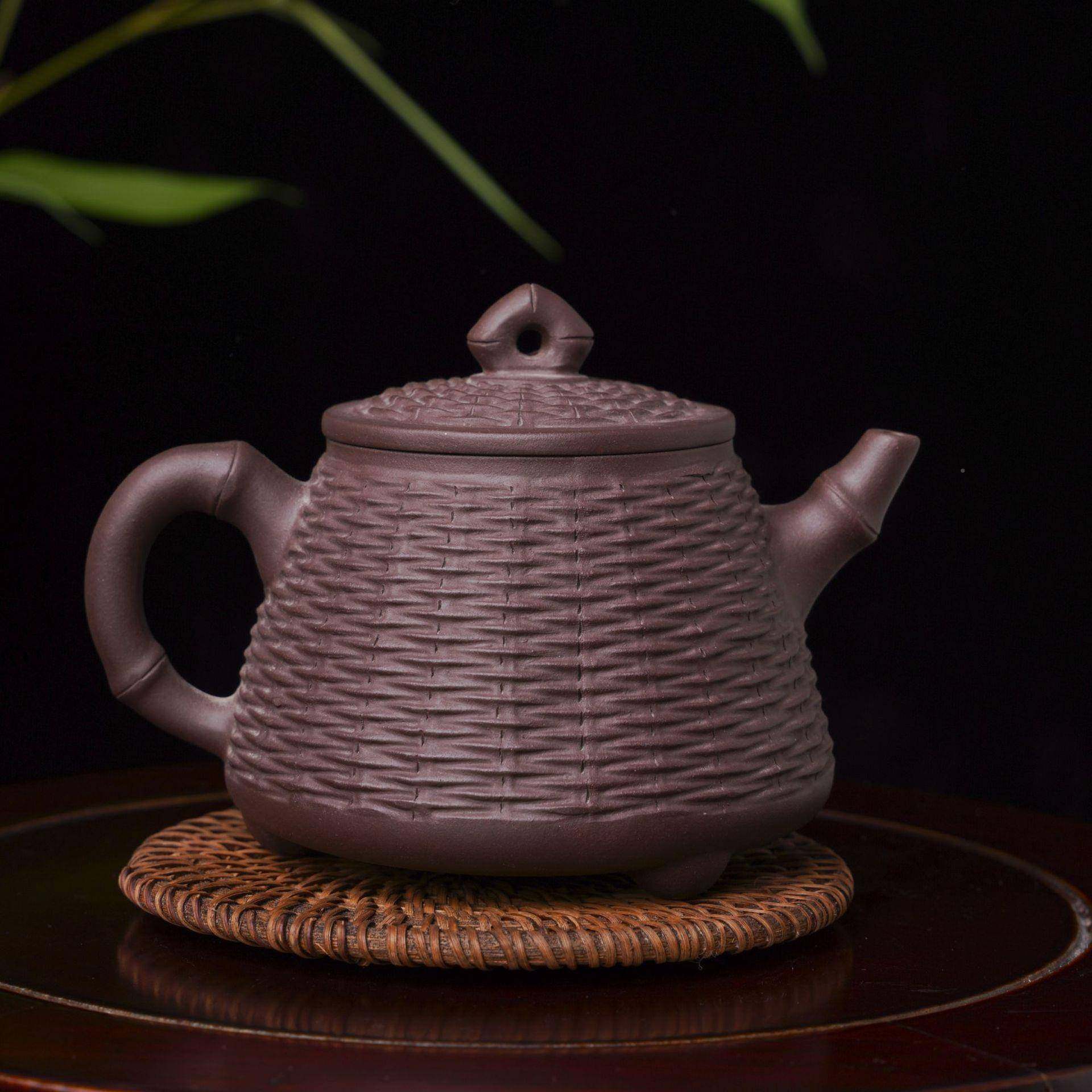 正宗宜兴茶矿大容量紫砂壶原泥大品竹编高石瓢壶家紫茶壶具4ADO50