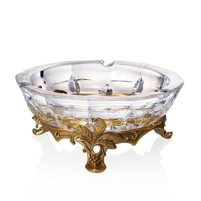 进口水晶玻璃配铜烟灰缸欧式高档奢华客厅茶几别墅烟缸摆件送礼