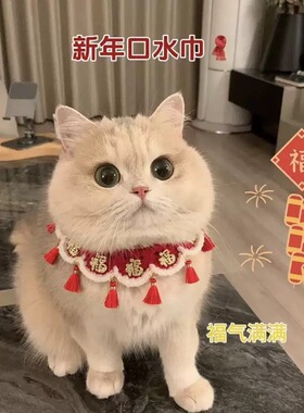 猫咪新年围脖可爱装饰项圈狗狗口水巾春节福字流苏围巾宠物围兜