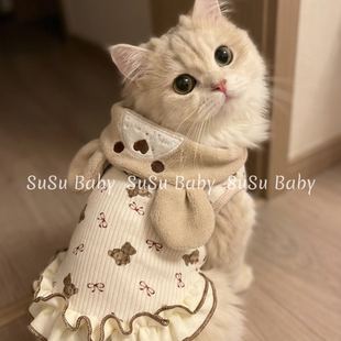 秋冬猫咪衣服日系可爱小熊连帽连衣裙宠物猫狗加绒保暖羊羔绒衣服