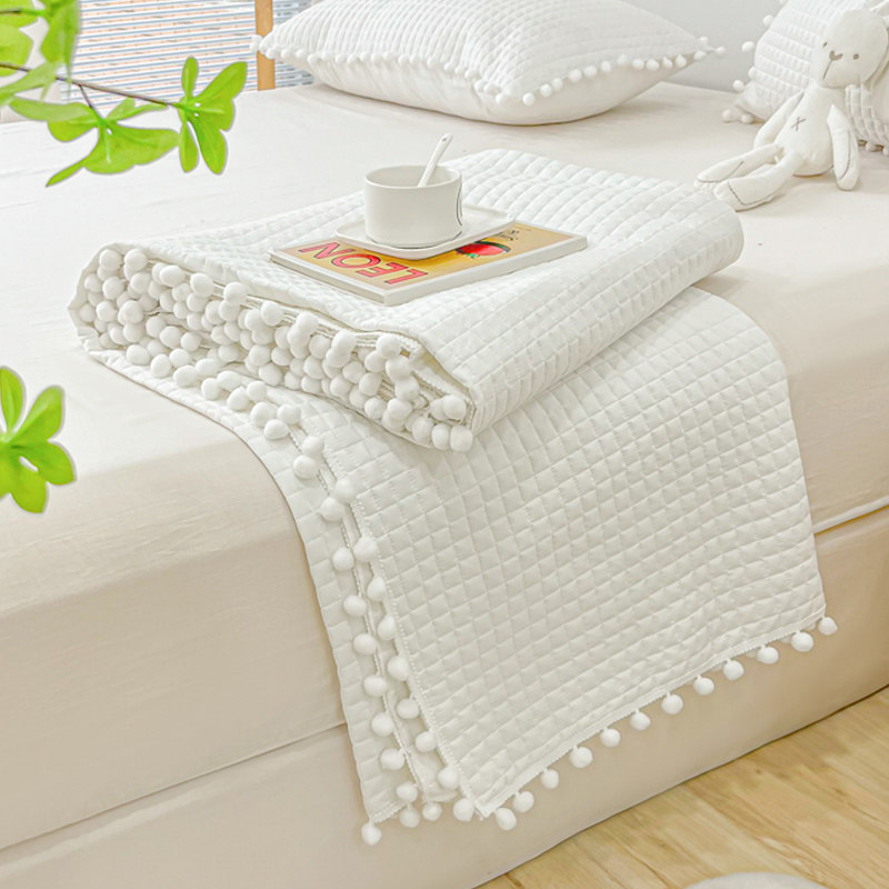 白色球球边绗缝被单盖毯韩版白色床盖公主风加厚夹棉床单水洗夏被