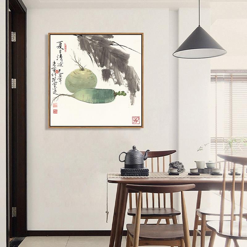 新中式餐厅水果挂画瓜果蔬菜装饰画西瓜水墨画客厅榻榻米壁画方形