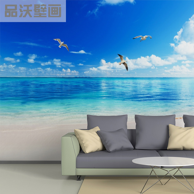 蓝天海景壁纸墙纸自粘大海沙滩壁画客厅电视背景墙纸餐厅卧室壁画