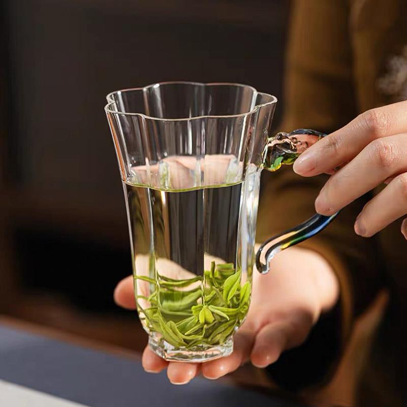 泡绿茶专用玻璃杯龙年龙把龙井茶杯高硼硅耐热喝茶杯家用带把水杯