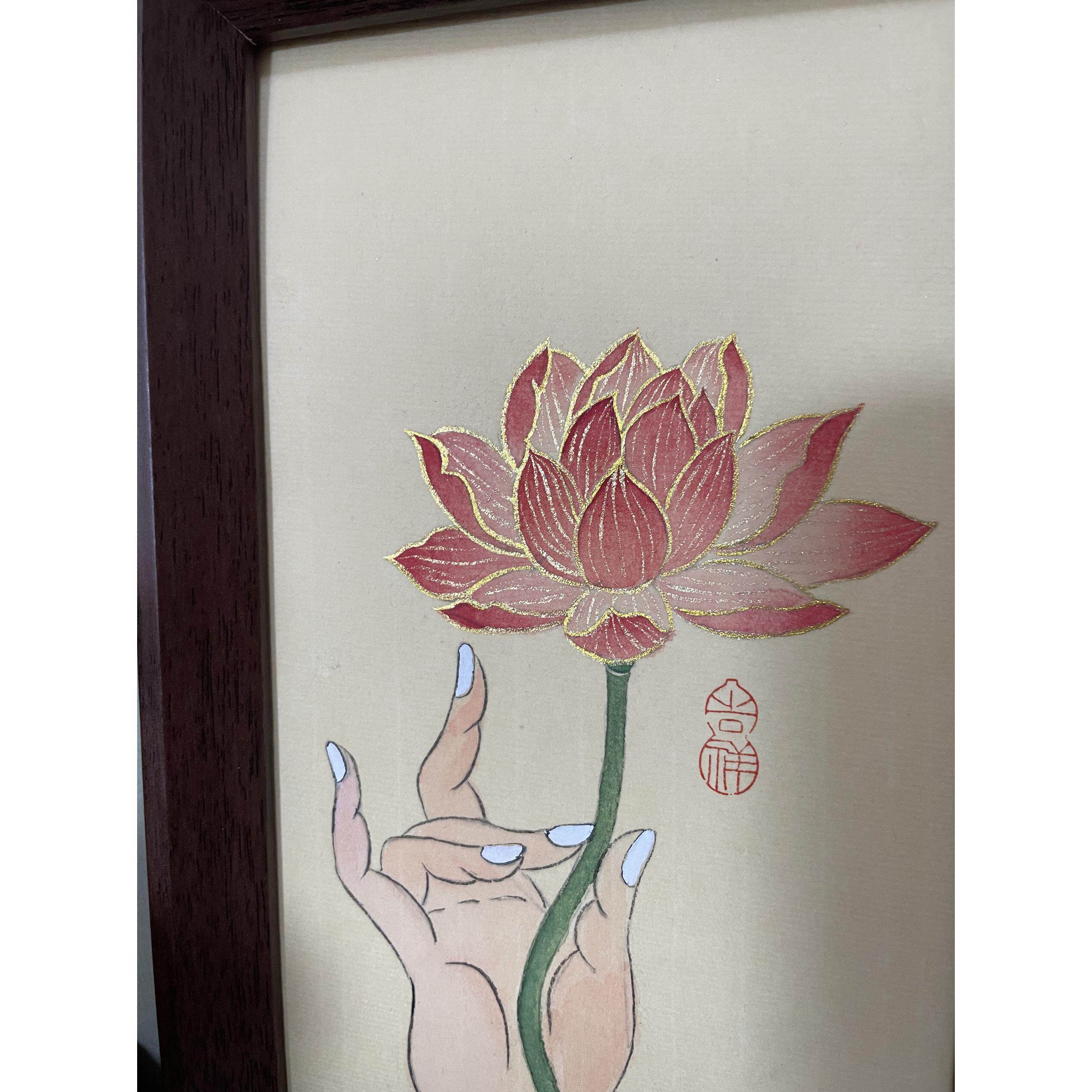 手绘国画佛手莲花荷花摆台 茶室书房中式装饰挂画