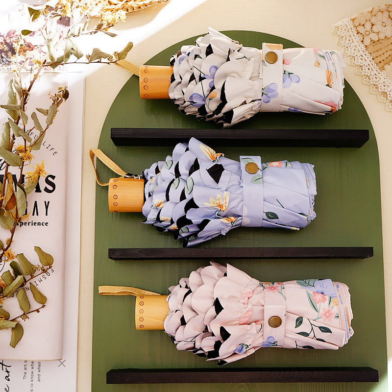 蕾丝碎花五折太阳伞防紫外线女小巧便携遮阳伞晴雨两用黑胶防晒伞