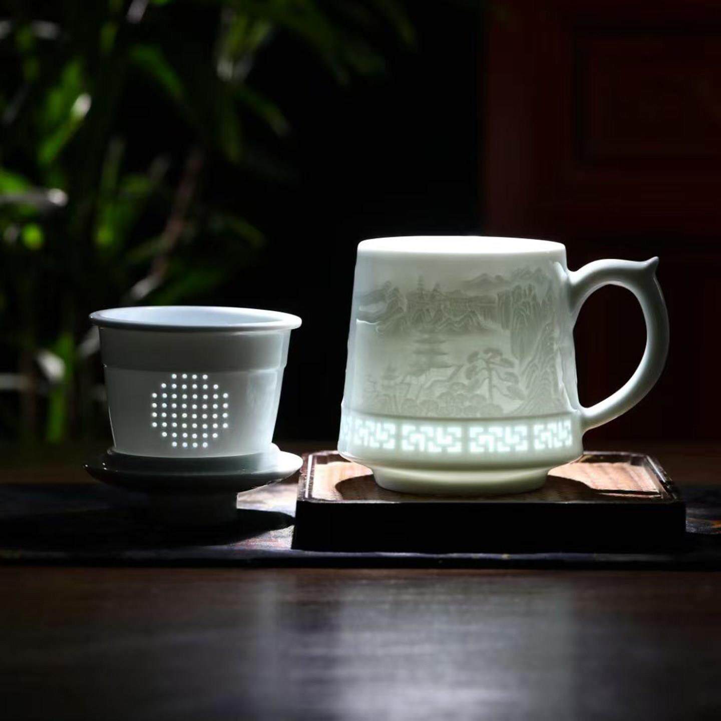 陶瓷茶漏杯雕刻生肖杯影青茶杯玲珑瓷茶水分离杯景德镇带盖办公杯