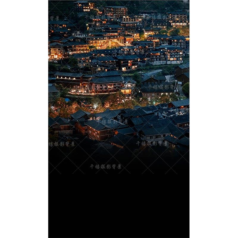 影楼古装民族风拍照背景布 苗族苗寨夜景异域风景摄影背景布