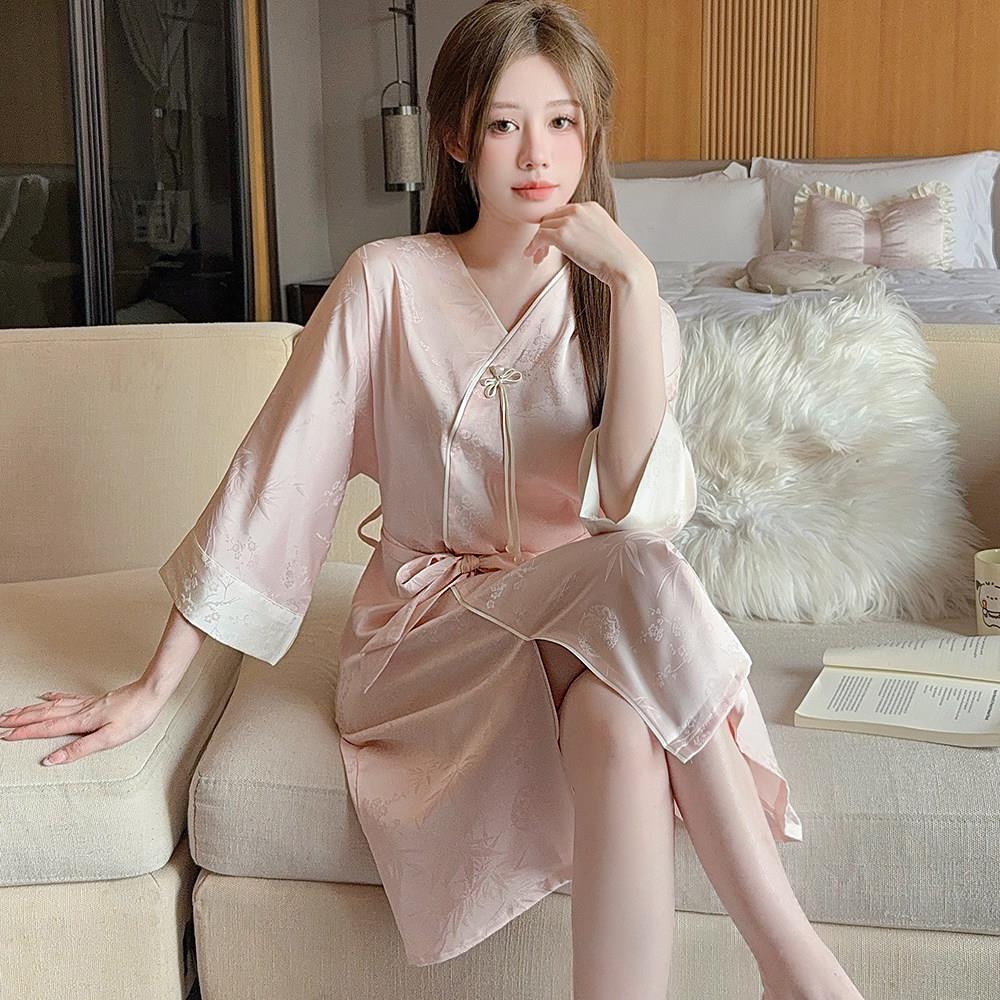 中国风新中式冰丝睡裙女夏季2025新款高级感七分袖睡衣裙子中长版