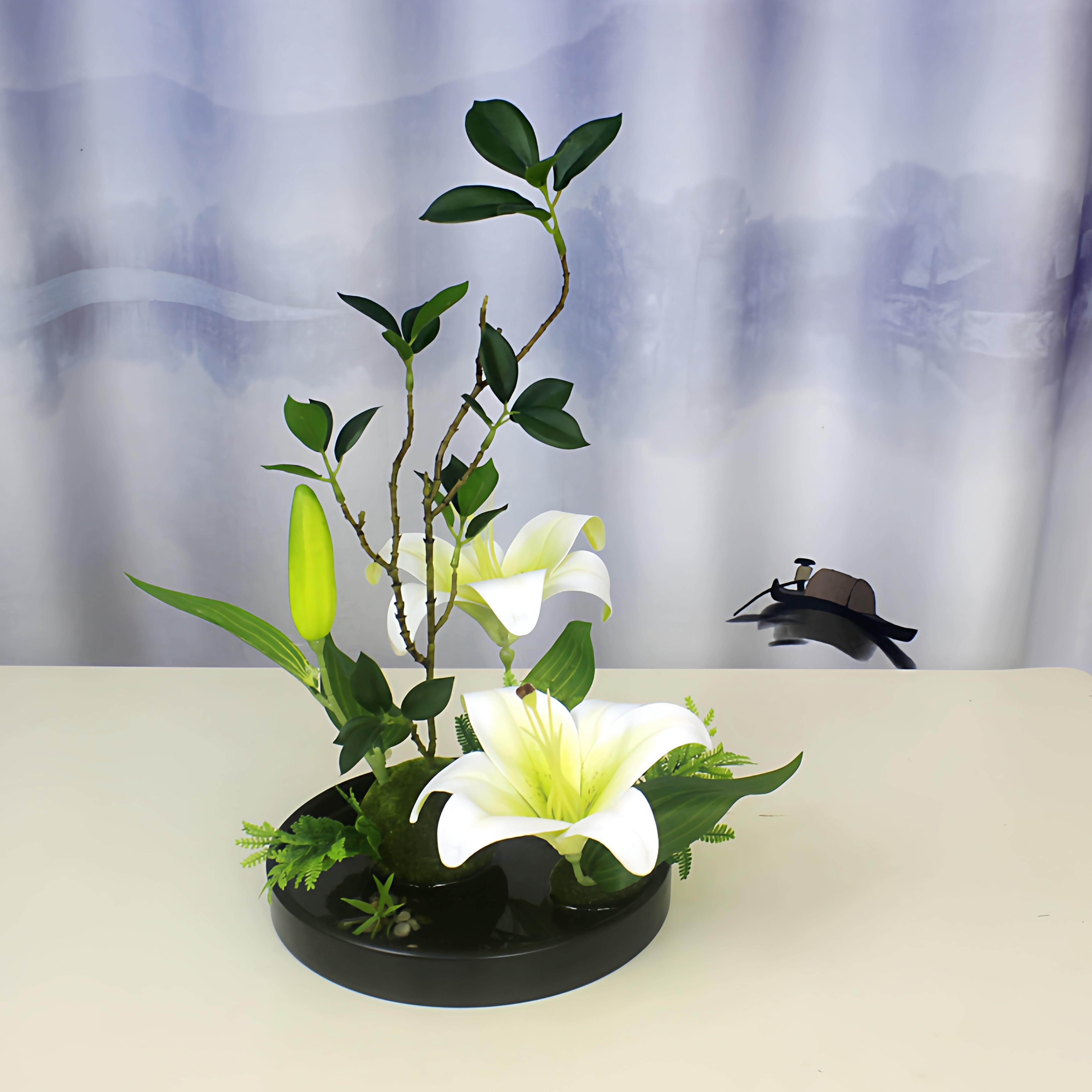 新中式圆餐桌摆花转盘中间装饰花客厅假花摆件花艺客房盆景花柜台