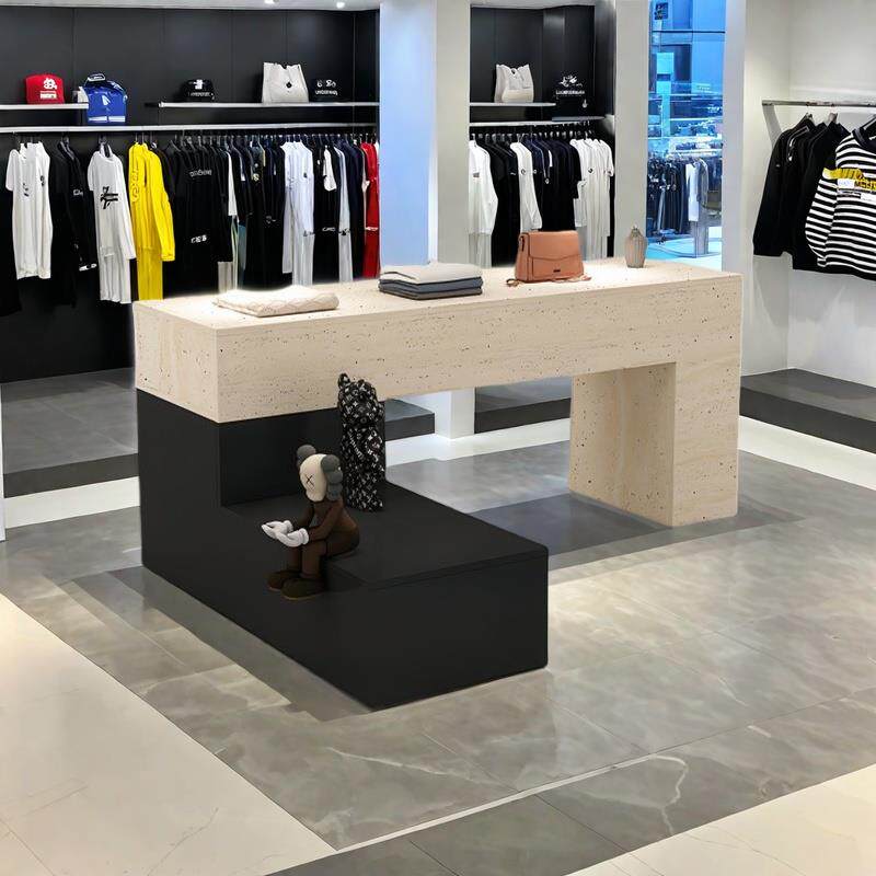 服装店中岛桌简约现代洞石纹展示桌女装店铺中间流水台鞋包陈列柜