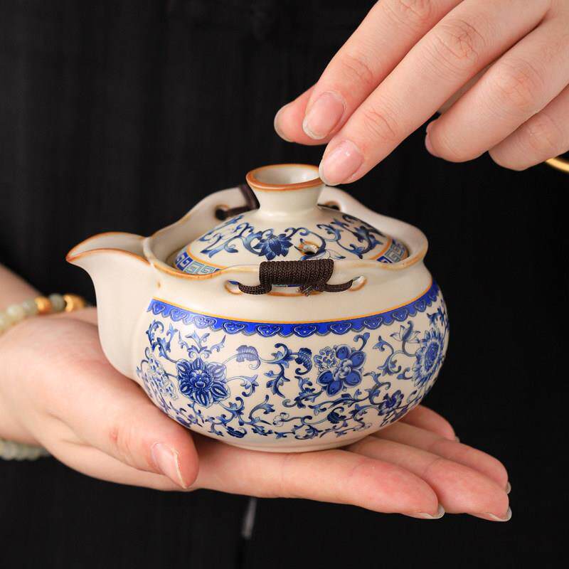 米黄汝窑大号盖碗手抓壶茶杯防烫单个泡茶器青花功夫茶具陶瓷热卖