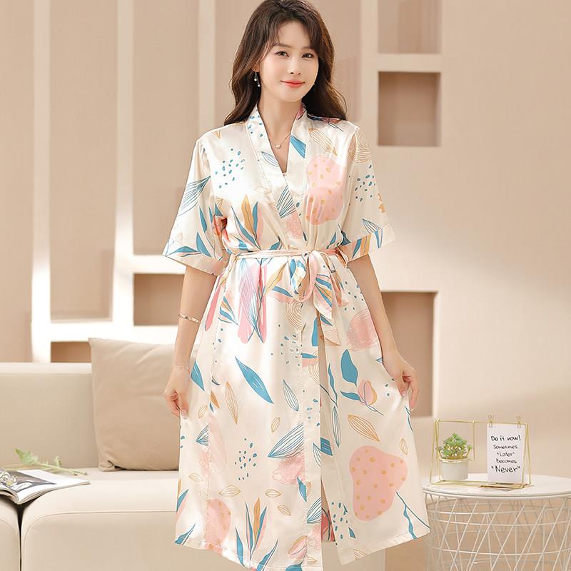 女士夏季薄款真丝短袖睡袍中长版冰丝家居服彷真丝绸睡衣夏天薄款