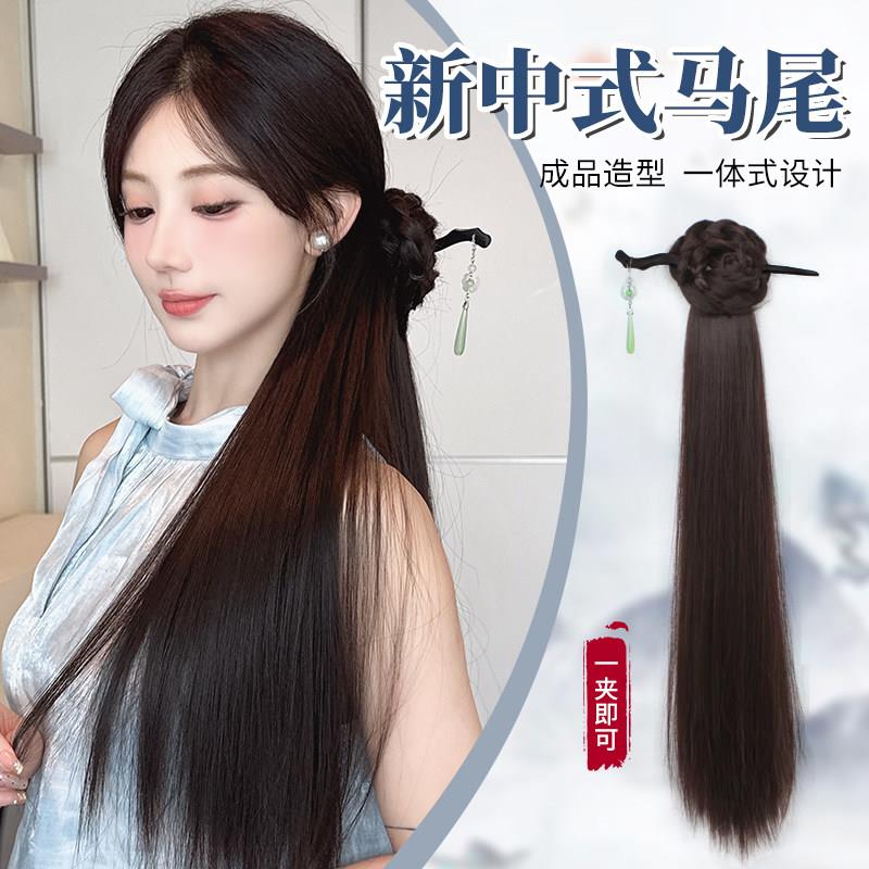 新中式马尾假发髻盘发发簪侧边国风麻花辫子抓夹古风汉服旗袍头饰