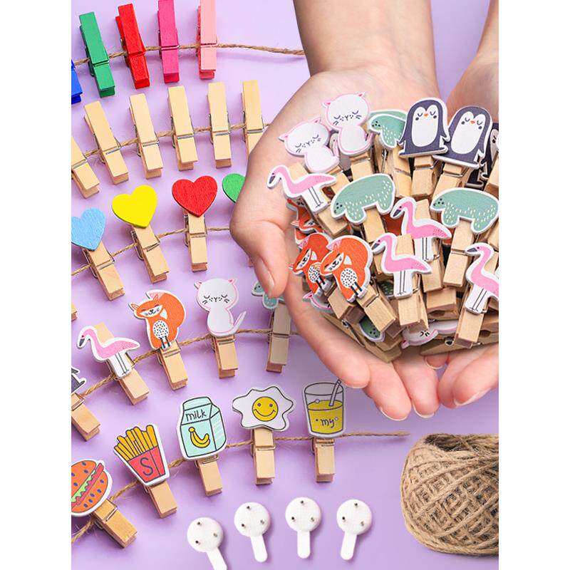 彩色照片夹木夹子挂照片墙装饰麻绳夹子绳挂绳小照片木木制相册墙