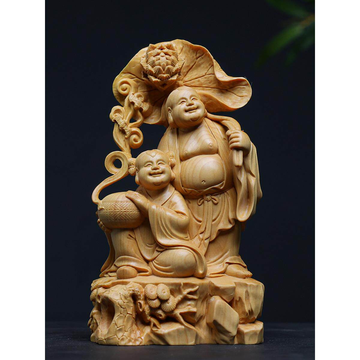 正宗小叶黄杨木精雕合和艺术二仙佛像摆件家居装饰品实木工艺品