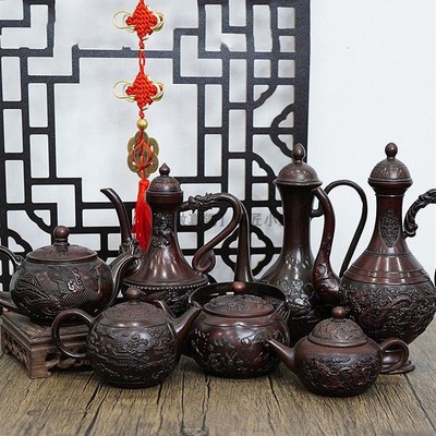 彷紫陶茶具摆件客厅工艺品纯黄铜茶壶老式酒壶彷古董红铜茶碗盖碗