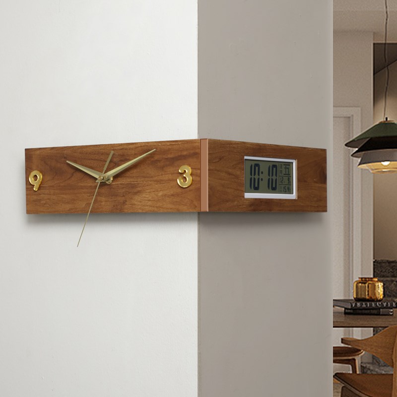 复古客厅转角双面挂钟胡桃木色拐角钟餐厅创意时钟壁挂式液晶钟表