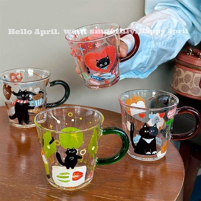 蓝莲花玻璃杯带把手高硼硅玻璃杯耐热水杯牛奶早餐茶杯子可微波炉