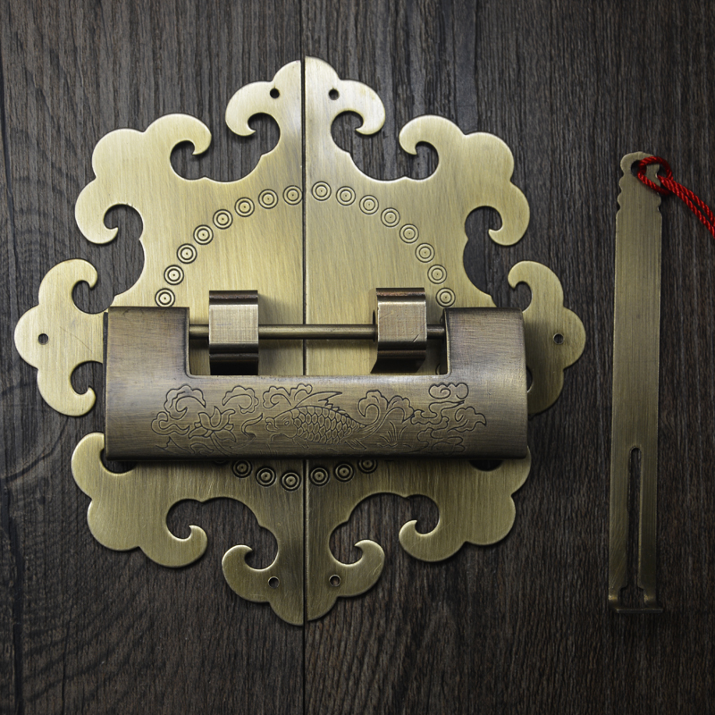 中式仿古cm花古铜拉手书柜橱柜门圆形拉环把手配铜中式锁仿古锁