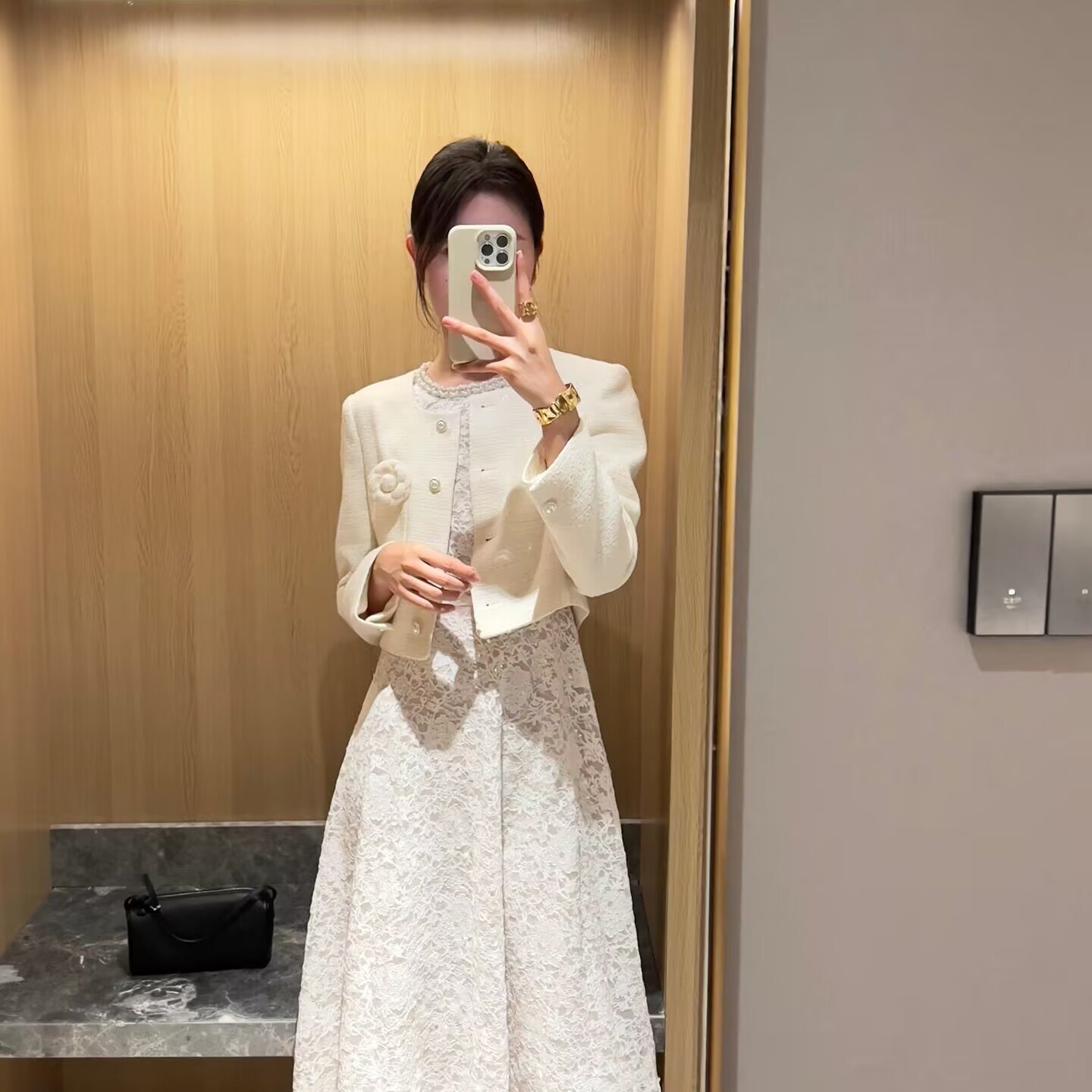 MandyZhang千金白月光花纱白色小香风短外套女秋季山茶花气质上衣