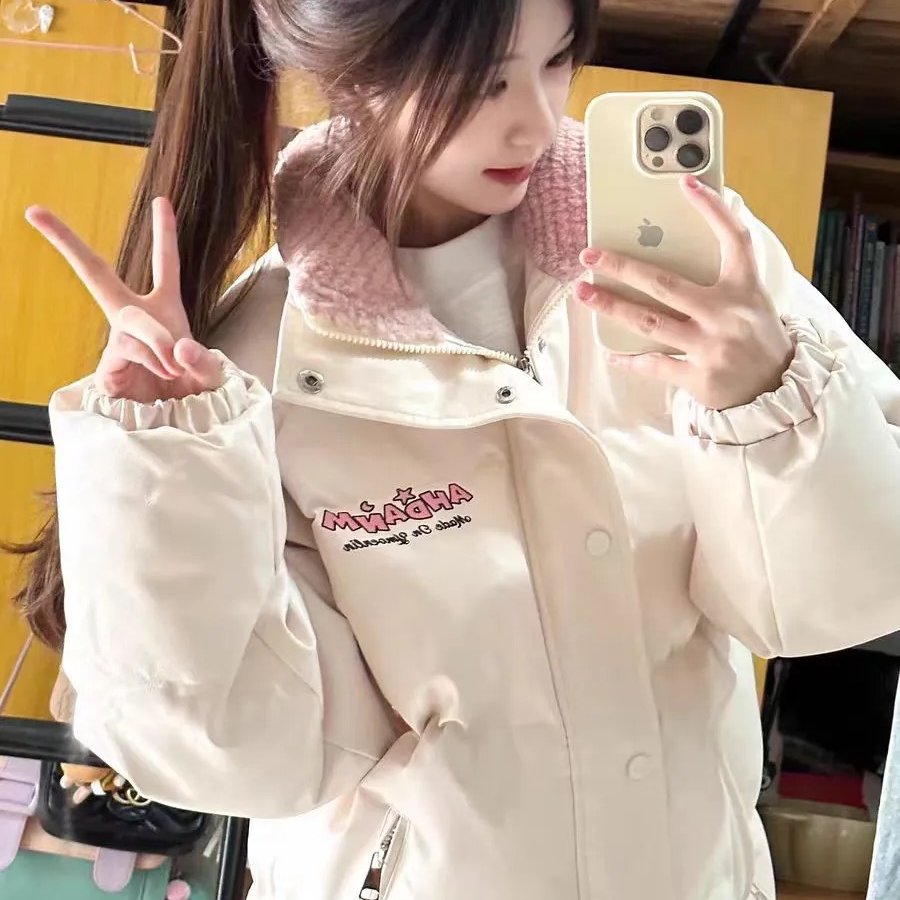 超级可爱PU皮设计棉服女冬季新款宽松加厚皮衣学院风学生棉衣外套