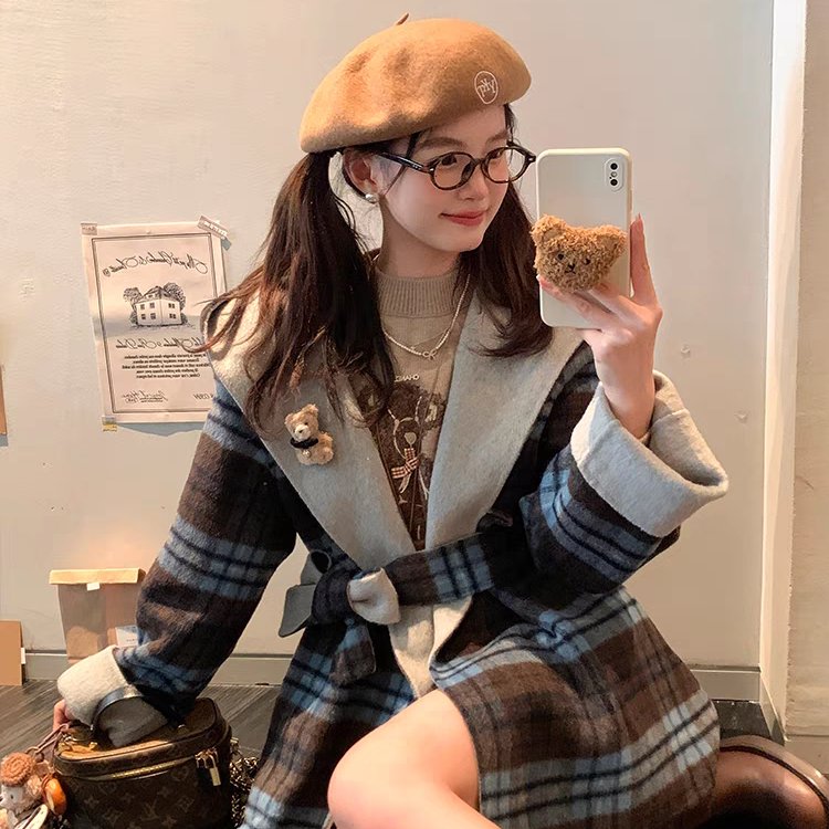 Acaine中长款连帽格子双面呢羊毛大衣女秋季韩系格子小个子上衣