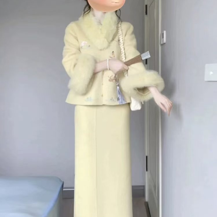 两件套新中式重工艺双面呢刺绣毛毛手袖外套半裙套装