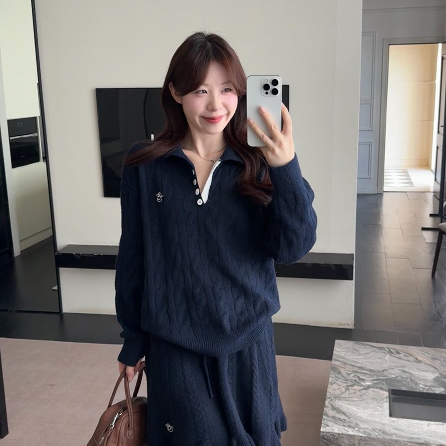 实拍 大码休闲刺绣针织毛衣polo领上衣+半身裙两件套女
