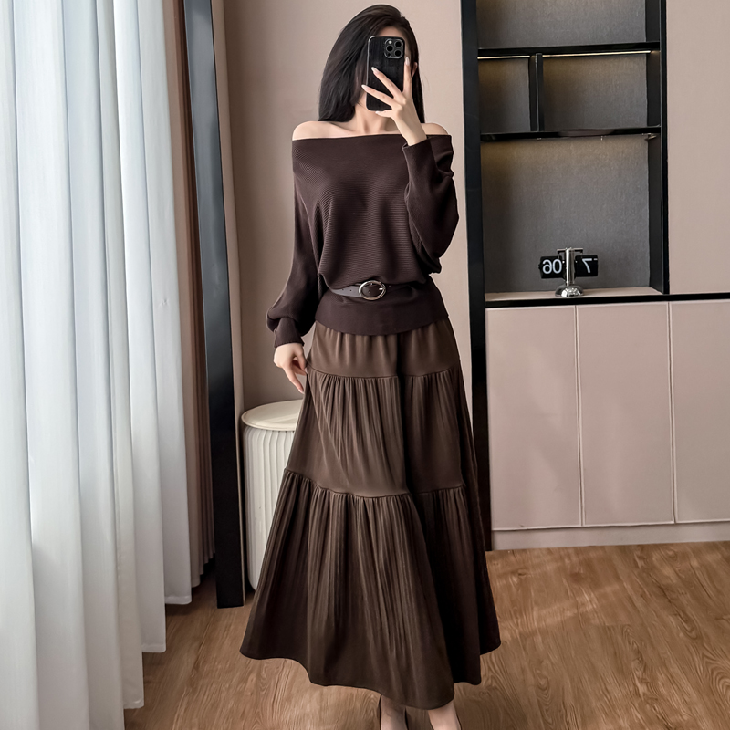 法式气质名媛风高级感一字领露肩针织上衣压褶半身长裙两件套女