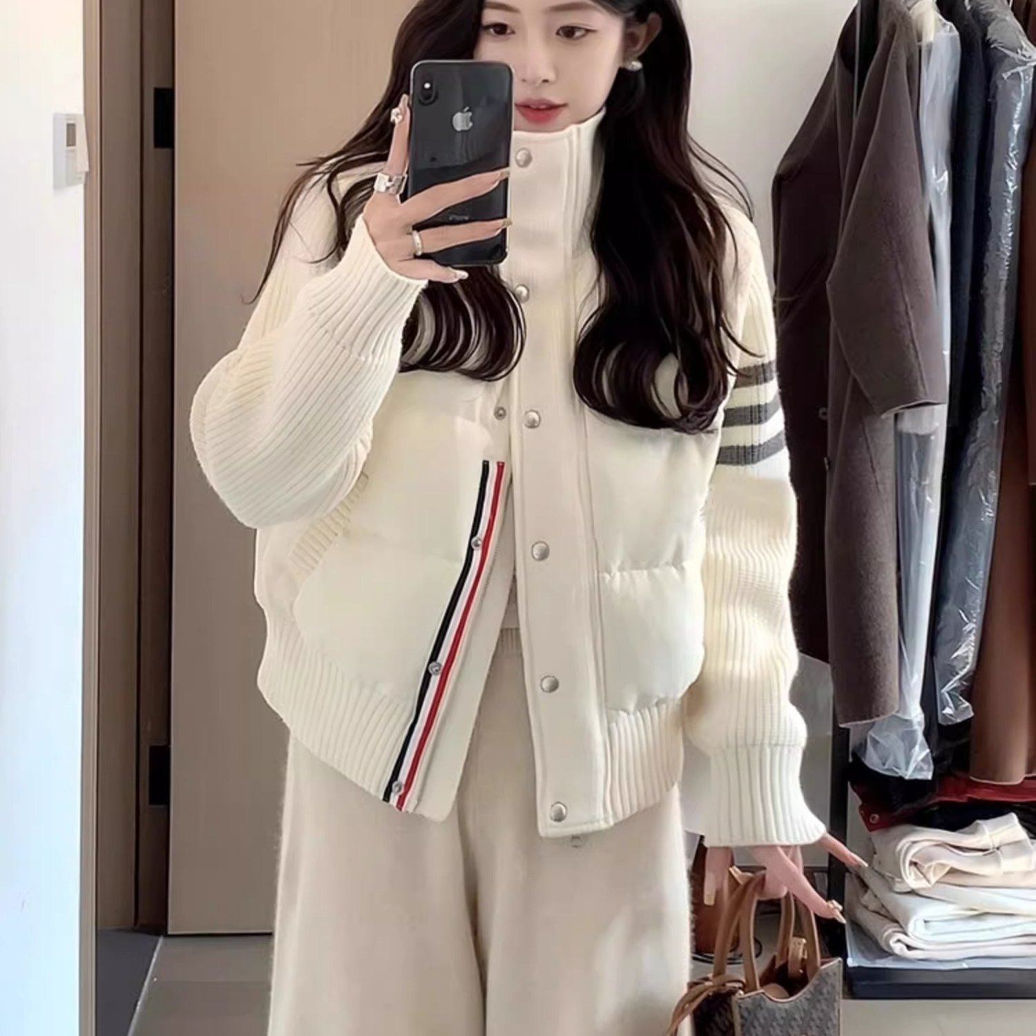 韩系学院风设计感拼接针织棉服男女秋冬独特别致立领轻薄棉衣外套