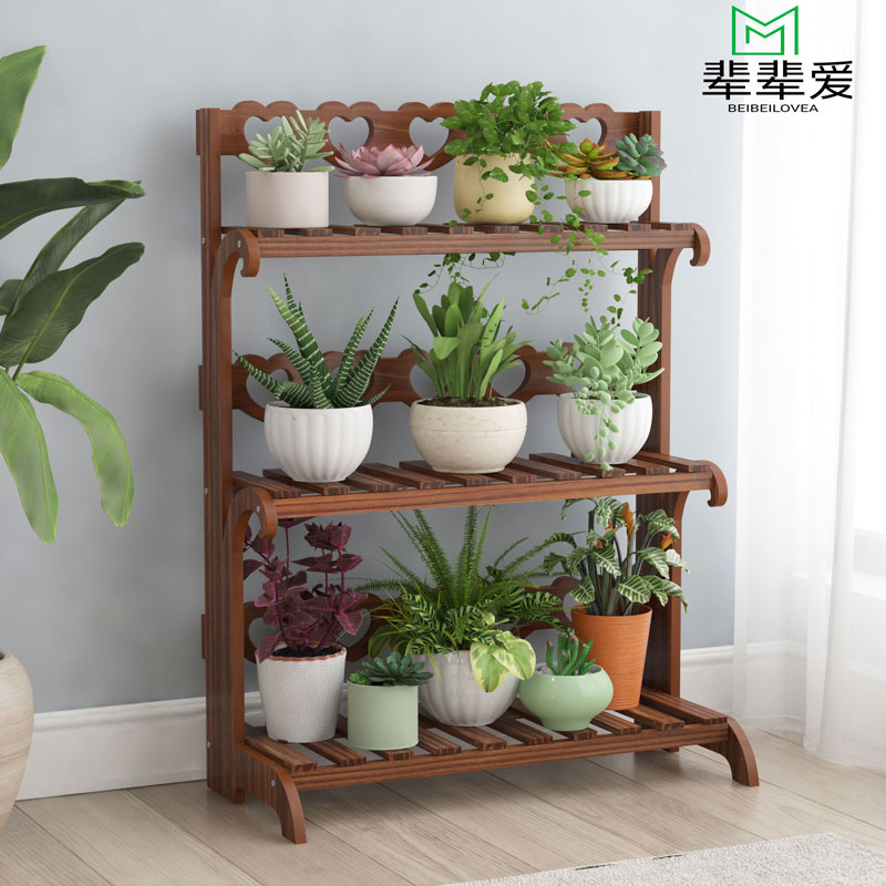 防腐实木质花架子客厅阳台多肉花盆植物架室内落地式多层置物书架