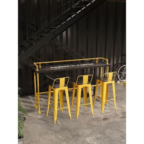 zh实木吧台桌奶茶店铁艺咖啡厅长条桌子酒吧清吧工业风高脚桌椅组