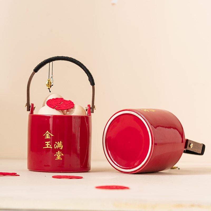 子孙桶结婚陪嫁物品女方全红色陶瓷喜桶娘家嫁妆婚庆用品大全